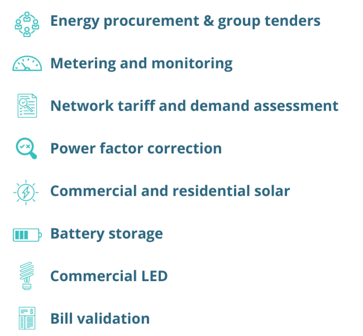Energy procurement group tenders Metering and monitoring Network tariff and demand assessment Power factor correction Commercial and residential solar Battery storage Commercial LED Bill validation